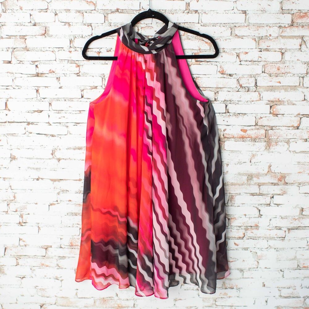 Muse Women's Size 4 Halter Dress Pink Orange Black Abstract Print Tie Neck